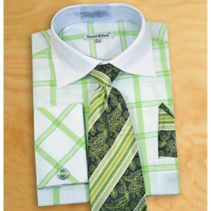 Daniel Ellissa White/Apple Green Windowpane Dress Shirt / Tie / Hanky / Cufflinks Set