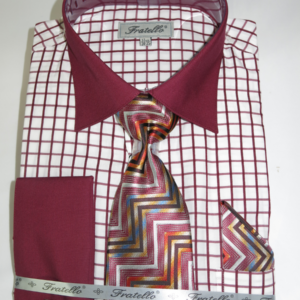 Fratello Men's French Cuff Dress Shirt with Bold Window Pane Pattern w/ solid Collar and French Cuffs