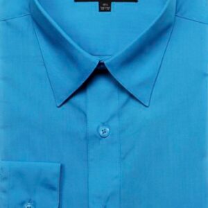 A blue shirt is shown with no collar.