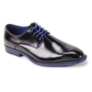 Black glossy men's dress shoe with blue accents