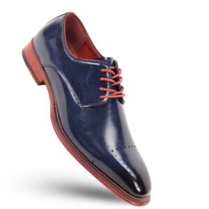 Navy patent leather dress shoe with red accents