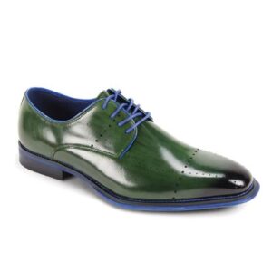 Green leather oxford shoe with blue trim