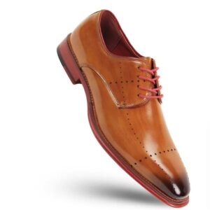 Tan leather oxford shoe with red laces