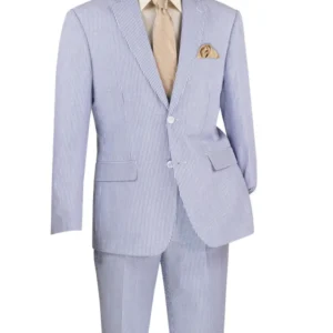 Light blue seersucker suit with beige tie
