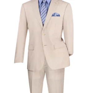 Beige pinstripe suit with blue shirt