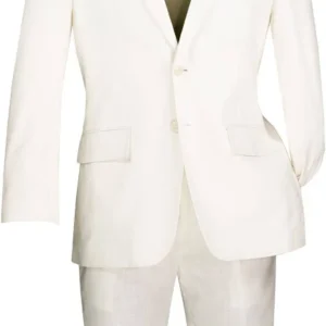 White men's suit with olive polo shirt