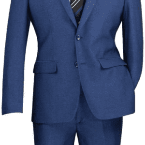 Blue men's suit with striped tie, pocket square