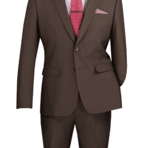 Brown men's suit with red polka-dot tie