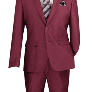 Burgundy men's suit with striped tie