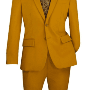 Mustard yellow men's suit with paisley tie