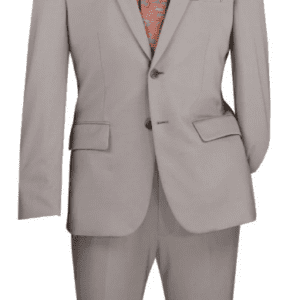 Light gray suit with orange shirt and tie