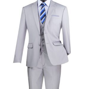 Light gray three-piece men's suit with tie
