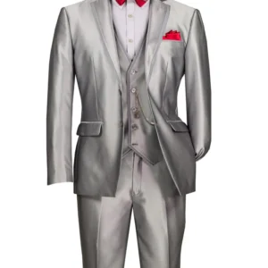 Silver three-piece suit with red accents