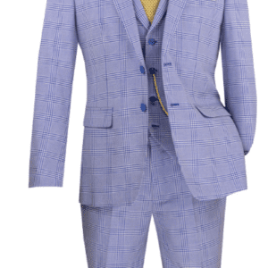 Light blue plaid three-piece suit with yellow tie