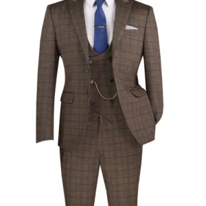 Brown three-piece checked suit with blue tie