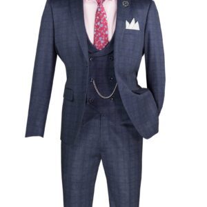 Navy three-piece suit with pink tie
