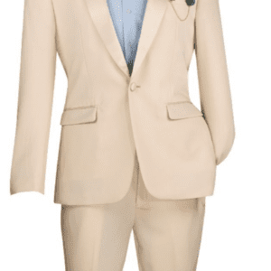 Beige men's suit with bow tie