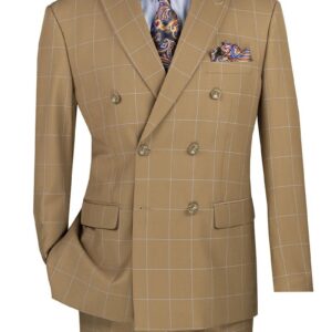 Tan windowpane double-breasted suit with paisley tie