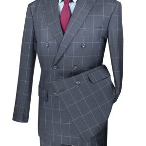 Men's gray windowpane double-breasted suit with red tie