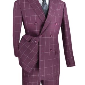 Men's maroon windowpane double-breasted suit with tie