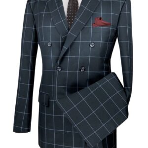 Double-breasted windowpane suit with red pocket square