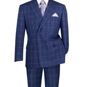 Blue windowpane double-breasted suit with pocket square