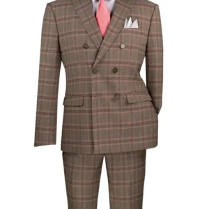 Brown plaid double-breasted suit, pink tie, pocket square
