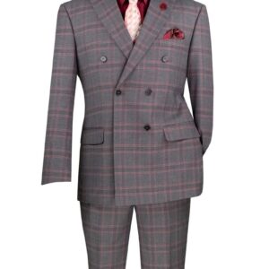 Gray plaid double-breasted suit with red accents