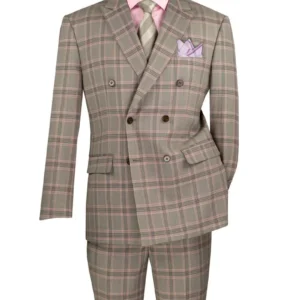 Double-breasted plaid suit with pink shirt and tie
