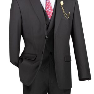 Men's black three-piece suit with red tie