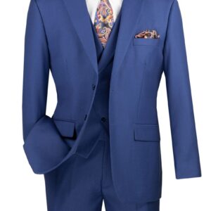 Blue three-piece suit with paisley tie