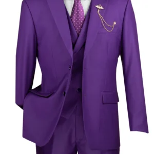 Purple three-piece men's suit with tie and chain