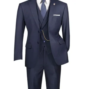 Men's navy three-piece suit with tie