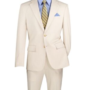 Ivory men's suit with blue shirt and tie