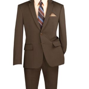 Brown men's suit with striped tie, pocket square