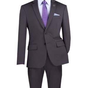 Dark gray men's suit with purple tie
