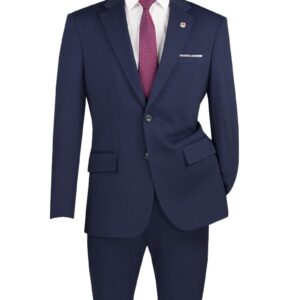 Men's navy suit with pink tie
