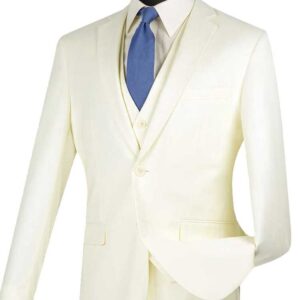 Ivory three-piece men's suit with blue tie