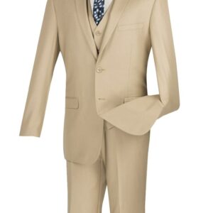 Beige three-piece men's suit with patterned tie
