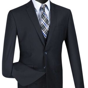 Men's navy suit with plaid tie