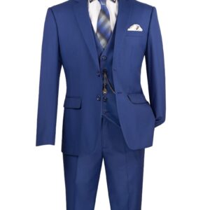 Royal blue three-piece suit on mannequin