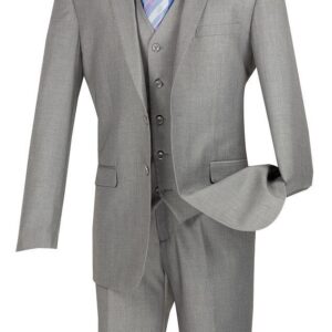 Men's gray three-piece suit with striped tie