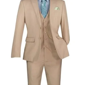 Men's beige three-piece suit with turquoise tie