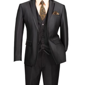 Black three-piece men's suit with patterned tie
