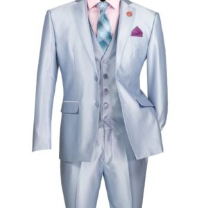 Light blue three-piece men's suit on mannequin