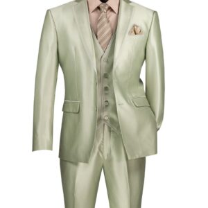 Sage green men's three-piece suit on mannequin