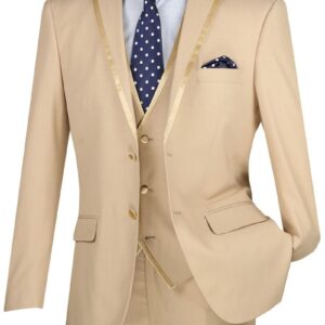 Beige three-piece men's suit with polka dot tie