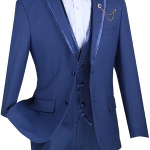 Men's royal blue three-piece suit with bow tie