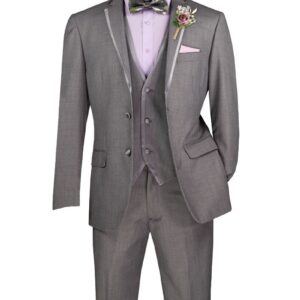 Gray three-piece suit with lavender shirt, boutonniere
