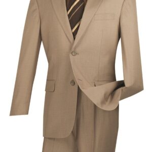 Beige suit with brown shirt and striped tie